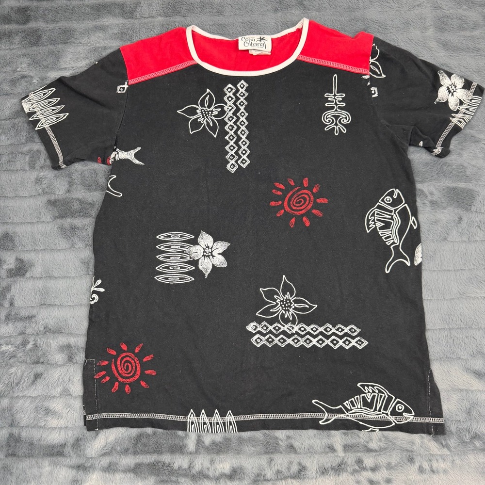 Vintage Copa Cabana Tribal Print Cotton Top Black Sun Fish Made in USA Medium